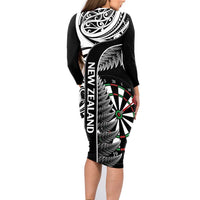 Personalised New Zealand Darts Family Matching Long Sleeve Bodycon Dress and Hawaiian Shirt Aotearoa Fern Mix Paua Shell Manaia - Black LT14 - Polynesian Pride