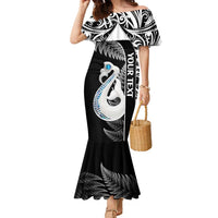 Personalised New Zealand Darts Family Matching Mermaid Dress and Hawaiian Shirt Aotearoa Fern Mix Paua Shell Manaia - Black LT14 Mom's Dress Black - Polynesian Pride