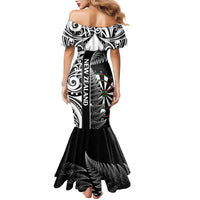 Personalised New Zealand Darts Family Matching Mermaid Dress and Hawaiian Shirt Aotearoa Fern Mix Paua Shell Manaia - Black LT14 - Polynesian Pride