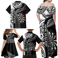 Personalised New Zealand Darts Family Matching Off Shoulder Maxi Dress and Hawaiian Shirt Aotearoa Fern Mix Paua Shell Manaia - Black LT14 - Polynesian Pride