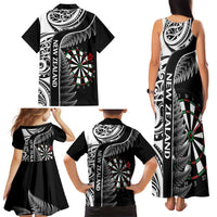 Personalised New Zealand Darts Family Matching Tank Maxi Dress and Hawaiian Shirt Aotearoa Fern Mix Paua Shell Manaia - Black LT14 - Polynesian Pride