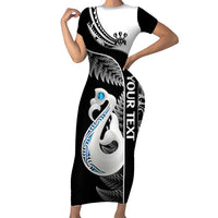 Personalised New Zealand Darts Short Sleeve Bodycon Dress Aotearoa Fern Mix Paua Shell Manaia - Black LT14 Long Dress Black - Polynesian Pride