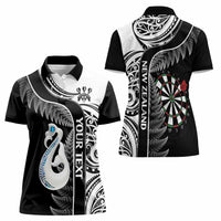 Personalised New Zealand Darts Women Polo Shirt Aotearoa Fern Mix Paua Shell Manaia - Black LT14 - Polynesian Pride