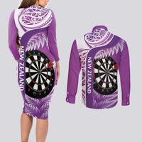Personalised New Zealand Darts Couples Matching Long Sleeve Bodycon Dress and Long Sleeve Button Shirt Aotearoa Fern Mix Paua Shell Manaia - Purple LT14 - Polynesian Pride