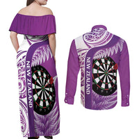 Personalised New Zealand Darts Couples Matching Off Shoulder Maxi Dress and Long Sleeve Button Shirt Aotearoa Fern Mix Paua Shell Manaia - Purple LT14 - Polynesian Pride