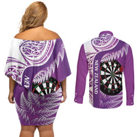 Personalised New Zealand Darts Couples Matching Off Shoulder Short Dress and Long Sleeve Button Shirt Aotearoa Fern Mix Paua Shell Manaia - Purple LT14 - Polynesian Pride