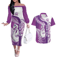 Personalised New Zealand Darts Couples Matching Off The Shoulder Long Sleeve Dress and Hawaiian Shirt Aotearoa Fern Mix Paua Shell Manaia - Purple LT14 Purple - Polynesian Pride