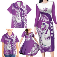 Personalised New Zealand Darts Family Matching Long Sleeve Bodycon Dress and Hawaiian Shirt Aotearoa Fern Mix Paua Shell Manaia - Purple LT14 - Polynesian Pride