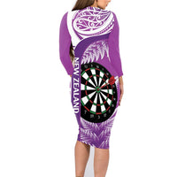 Personalised New Zealand Darts Family Matching Long Sleeve Bodycon Dress and Hawaiian Shirt Aotearoa Fern Mix Paua Shell Manaia - Purple LT14 - Polynesian Pride
