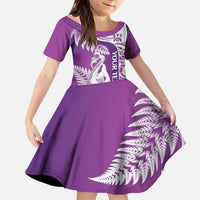 Personalised New Zealand Darts Family Matching Puletasi and Hawaiian Shirt Aotearoa Fern Mix Paua Shell Manaia - Purple LT14 Daughter's Dress Purple - Polynesian Pride