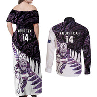 New Zealand Silver Fern Rugby Custom Couples Matching Off Shoulder Maxi Dress and Long Sleeve Button Shirt Go All Black Purple Maori Paua Shell LT14 - Polynesian Pride