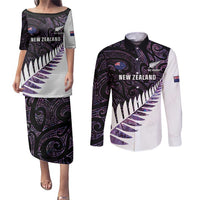 New Zealand Silver Fern Rugby Custom Couples Matching Puletasi and Long Sleeve Button Shirt Go All Black Purple Maori Paua Shell - Polynesian Pride