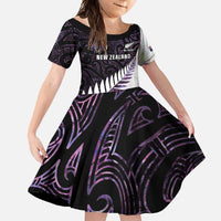 New Zealand Silver Fern Rugby Custom Family Matching Off Shoulder Maxi Dress and Hawaiian Shirt Go All Black Purple Maori Paua Shell LT14 Daughter's Dress Purple - Polynesian Pride
