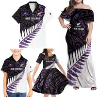 New Zealand Silver Fern Rugby Custom Family Matching Off Shoulder Maxi Dress and Hawaiian Shirt Go All Black Purple Maori Paua Shell LT14 - Polynesian Pride