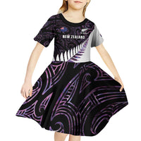New Zealand Silver Fern Rugby Custom Kid Short Sleeve Dress Go All Black Purple Maori Paua Shell LT14 - Polynesian Pride