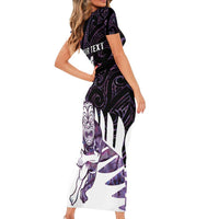 New Zealand Silver Fern Rugby Custom Short Sleeve Bodycon Dress Go All Black Purple Maori Paua Shell LT14 - Polynesian Pride