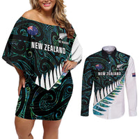 New Zealand Silver Fern Rugby Custom Couples Matching Off Shoulder Short Dress and Long Sleeve Button Shirt Go All Black Turquoise Maori Paua Shell LT14 Turquoise - Polynesian Pride