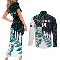 New Zealand Silver Fern Rugby Custom Couples Matching Short Sleeve Bodycon Dress and Long Sleeve Button Shirt Go All Black Turquoise Maori Paua Shell - Polynesian Pride