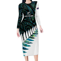 New Zealand Silver Fern Rugby Custom Family Matching Long Sleeve Bodycon Dress and Hawaiian Shirt Go All Black Turquoise Maori Paua Shell LT14 Mom's Dress Turquoise - Polynesian Pride