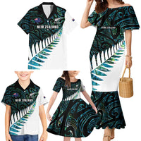 New Zealand Silver Fern Rugby Custom Family Matching Mermaid Dress and Hawaiian Shirt Go All Black Turquoise Maori Paua Shell LT14 - Polynesian Pride