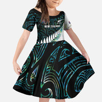 New Zealand Silver Fern Rugby Custom Family Matching Short Sleeve Bodycon Dress and Hawaiian Shirt Go All Black Turquoise Maori Paua Shell LT14 Daughter's Dress Turquoise - Polynesian Pride