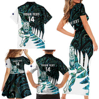 New Zealand Silver Fern Rugby Custom Family Matching Short Sleeve Bodycon Dress and Hawaiian Shirt Go All Black Turquoise Maori Paua Shell LT14 - Polynesian Pride