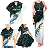 New Zealand Silver Fern Rugby Custom Family Matching Tank Maxi Dress and Hawaiian Shirt Go All Black Turquoise Maori Paua Shell LT14 - Polynesian Pride