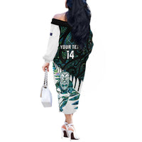 New Zealand Silver Fern Rugby Custom Off The Shoulder Long Sleeve Dress Go All Black Turquoise Maori Paua Shell LT14 - Polynesian Pride