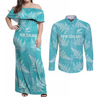 New Zealand Silver Fern Rugby Custom Couples Matching Off Shoulder Maxi Dress and Long Sleeve Button Shirt Go Aotearoa Champions Turquoise Version LT14 Turquoise - Polynesian Pride