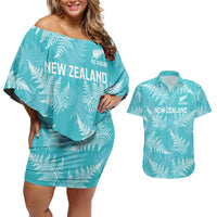New Zealand Silver Fern Rugby Custom Couples Matching Off Shoulder Short Dress and Hawaiian Shirt Go Aotearoa Champions Turquoise Version LT14 Turquoise - Polynesian Pride