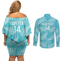 New Zealand Silver Fern Rugby Custom Couples Matching Off Shoulder Short Dress and Long Sleeve Button Shirt Go Aotearoa Champions Turquoise Version LT14 - Polynesian Pride