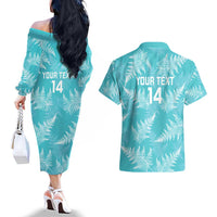 New Zealand Silver Fern Rugby Custom Couples Matching Off The Shoulder Long Sleeve Dress and Hawaiian Shirt Go Aotearoa Champions Turquoise Version - Polynesian Pride