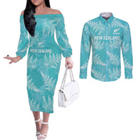 New Zealand Silver Fern Rugby Custom Couples Matching Off The Shoulder Long Sleeve Dress and Long Sleeve Button Shirt Go Aotearoa Champions Turquoise Version - Polynesian Pride