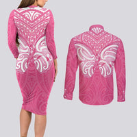 New Zealand Breast Cancer Awareness Couples Matching Long Sleeve Bodycon Dress and Long Sleeve Button Shirt Maori Butterfly Pink Ribbon - Polynesian Pride