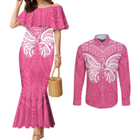 New Zealand Breast Cancer Awareness Couples Matching Mermaid Dress and Long Sleeve Button Shirt Maori Butterfly Pink Ribbon LT14 Pink - Polynesian Pride