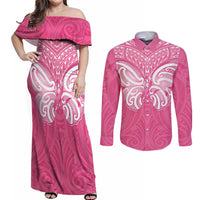 New Zealand Breast Cancer Awareness Couples Matching Off Shoulder Maxi Dress and Long Sleeve Button Shirt Maori Butterfly Pink Ribbon LT14 Pink - Polynesian Pride
