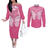 New Zealand Breast Cancer Awareness Couples Matching Off The Shoulder Long Sleeve Dress and Long Sleeve Button Shirt Maori Butterfly Pink Ribbon LT14 Pink - Polynesian Pride
