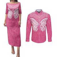 New Zealand Breast Cancer Awareness Couples Matching Puletasi and Long Sleeve Button Shirt Maori Butterfly Pink Ribbon LT14 Pink - Polynesian Pride
