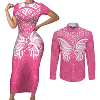 New Zealand Breast Cancer Awareness Couples Matching Short Sleeve Bodycon Dress and Long Sleeve Button Shirt Maori Butterfly Pink Ribbon - Polynesian Pride