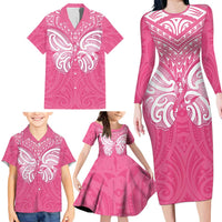 New Zealand Breast Cancer Awareness Family Matching Long Sleeve Bodycon Dress and Hawaiian Shirt Maori Butterfly Pink Ribbon LT14 - Polynesian Pride