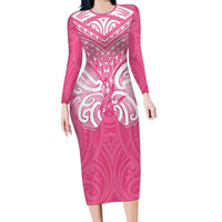 New Zealand Breast Cancer Awareness Family Matching Long Sleeve Bodycon Dress and Hawaiian Shirt Maori Butterfly Pink Ribbon LT14 Mom's Dress Pink - Polynesian Pride