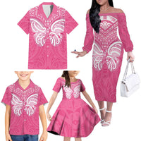 New Zealand Breast Cancer Awareness Family Matching Off The Shoulder Long Sleeve Dress and Hawaiian Shirt Maori Butterfly Pink Ribbon LT14 - Polynesian Pride