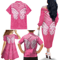 New Zealand Breast Cancer Awareness Family Matching Off The Shoulder Long Sleeve Dress and Hawaiian Shirt Maori Butterfly Pink Ribbon LT14 - Polynesian Pride