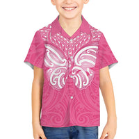 New Zealand Breast Cancer Awareness Family Matching Off Shoulder Maxi Dress and Hawaiian Shirt Maori Butterfly Pink Ribbon LT14 Son's Shirt Pink - Polynesian Pride