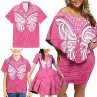 New Zealand Breast Cancer Awareness Family Matching Off Shoulder Short Dress and Hawaiian Shirt Maori Butterfly Pink Ribbon LT14 - Polynesian Pride