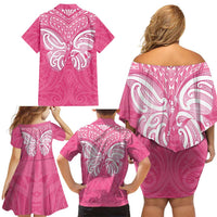 New Zealand Breast Cancer Awareness Family Matching Off Shoulder Short Dress and Hawaiian Shirt Maori Butterfly Pink Ribbon LT14 - Polynesian Pride