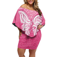 New Zealand Breast Cancer Awareness Family Matching Off Shoulder Short Dress and Hawaiian Shirt Maori Butterfly Pink Ribbon LT14 Mom's Dress Pink - Polynesian Pride