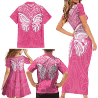 New Zealand Breast Cancer Awareness Family Matching Short Sleeve Bodycon Dress and Hawaiian Shirt Maori Butterfly Pink Ribbon LT14 - Polynesian Pride