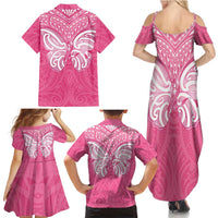 New Zealand Breast Cancer Awareness Family Matching Summer Maxi Dress and Hawaiian Shirt Maori Butterfly Pink Ribbon LT14 - Polynesian Pride