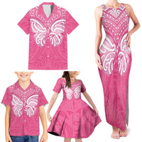 New Zealand Breast Cancer Awareness Family Matching Tank Maxi Dress and Hawaiian Shirt Maori Butterfly Pink Ribbon LT14 - Polynesian Pride